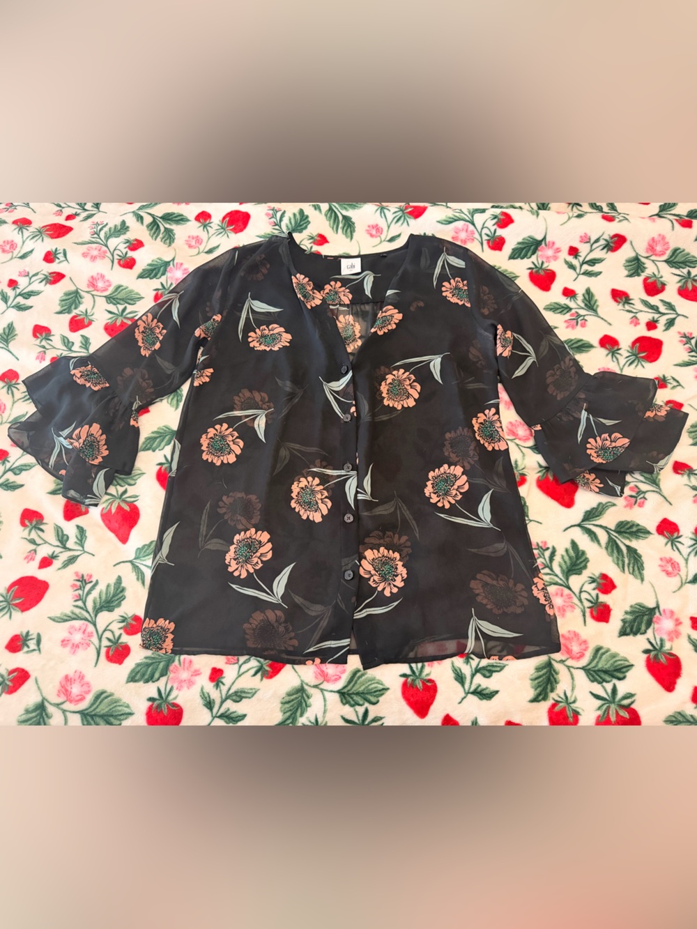CAbi Black Sheer Floral Blouse with Peach and Mint Accents